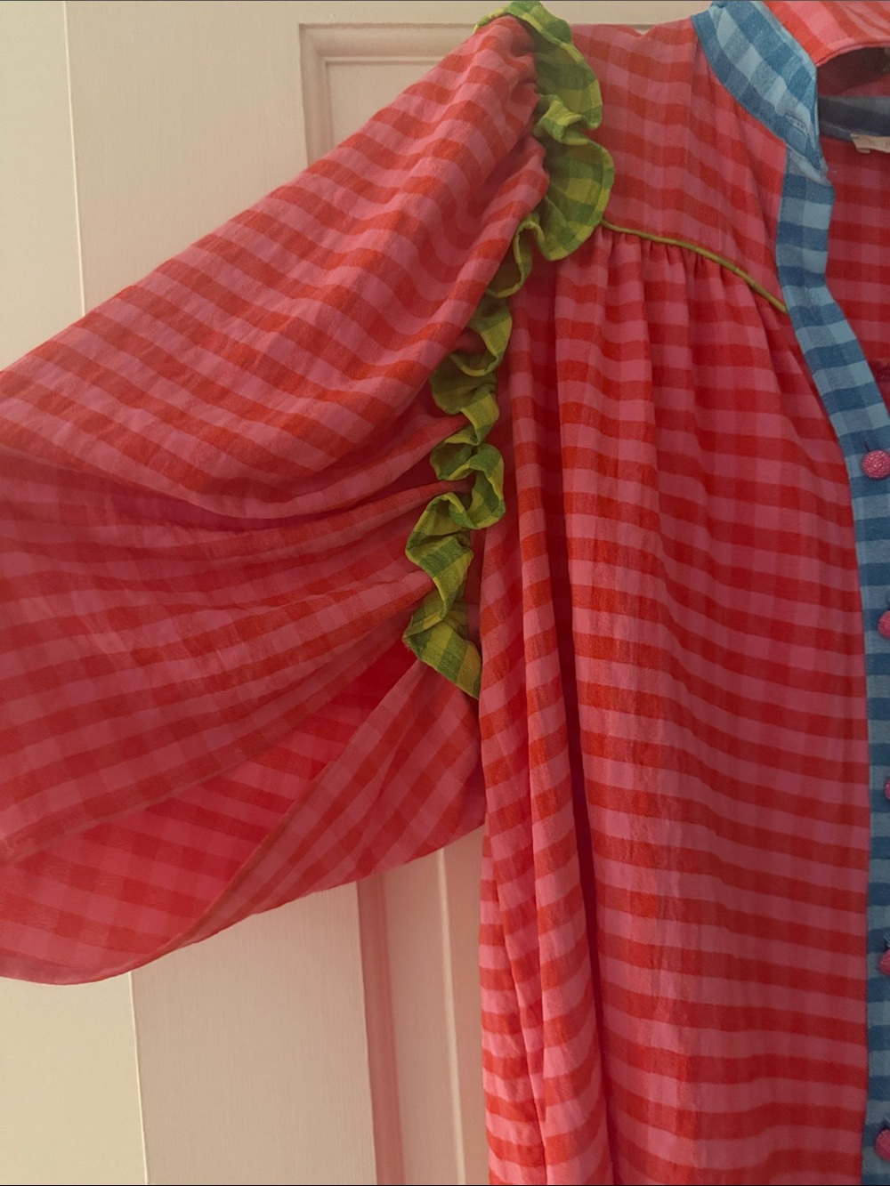 Pink Check Button-Front Top with Blue Trim- Karlie - Picture 3 of 4